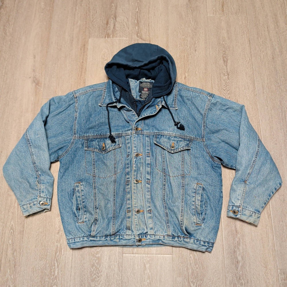Vintage Faded Glory Mens L Blue Denim Hooded Jacket Quilted Lined Distressed